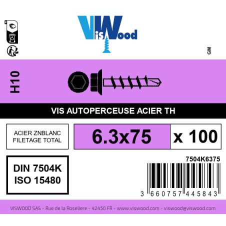Boite 100 vis autoperceuses 6.3 x 75mm tête hexagonale avec embase acier zingué - Viswood