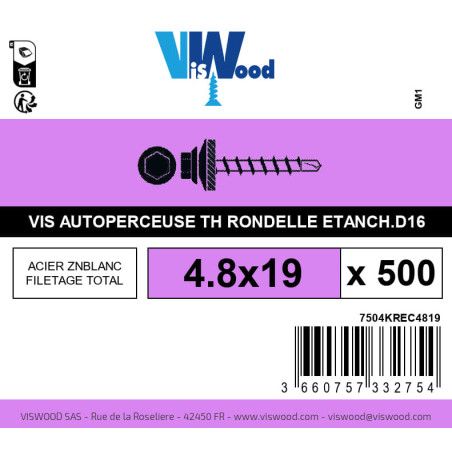Boite 500 vis autoperceuses 4.8 x 19mm tête hexagonale avec embase + rondelle étanchéité acier zingué - Viswood