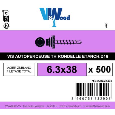 Boite 500 vis autoperceuses 6.3 x 38mm tête hexagonale avec embase + rondelle étanchéité acier zingué - Viswood
