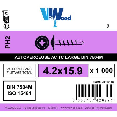 Boite 1000 vis autoperceuses 4.2 x 15.9mm tête ronde large phillips acier zingué - Viswood