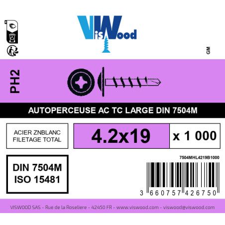 Boite 1000 vis autoperceuses 4.2 x 19mm tête ronde large phillips acier zingué - Viswood