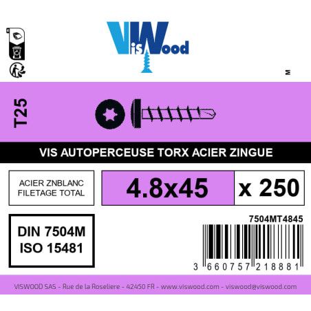 Boite 250 vis autoperceuses 4.8 x 45mm tête cylindrique torx acier zingué - Viswood