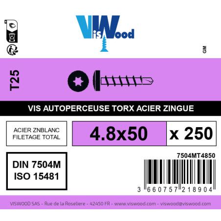 Boite 250 vis autoperceuses 4.8 x 50mm tête cylindrique torx acier zingué - Viswood