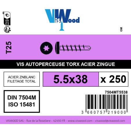 Boite 250 vis autoperceuses 5.5 x 38mm tête cylindrique torx acier zingué - Viswood
