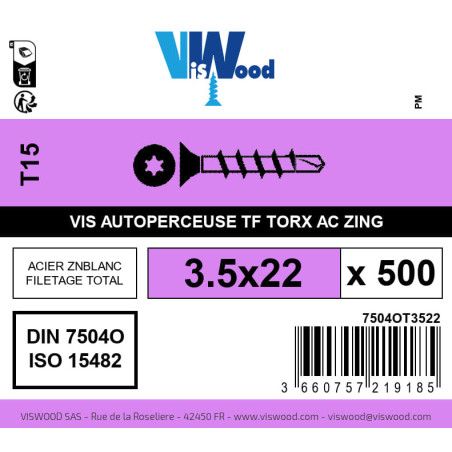 Boite 500 vis autoperceuses 3.5 x 22mm tête fraisée torx acier zingué - Viswood