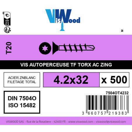 Boite 500 vis autoperceuses 4.2 x 32mm tête fraisée torx acier zingué - Viswood