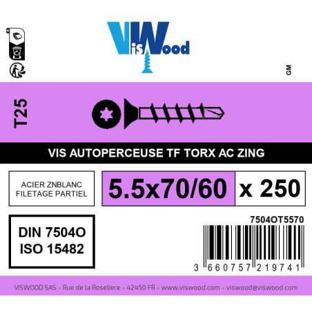 Boite 250 vis autoperceuses 5.5 x 70/60mm tête fraisée torx acier zingué - Viswood