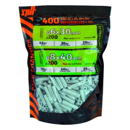 400 chevilles nylon universelles Ø6 x 30mm + Ø8 x 40mm Spit