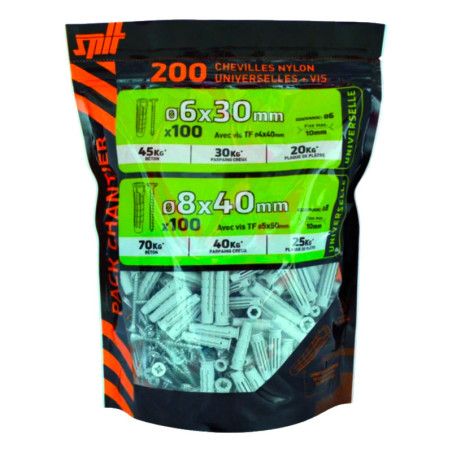200 chevilles nylon universelles Ø6 x 30mm + Ø8 x 40mm + vis TF Spit