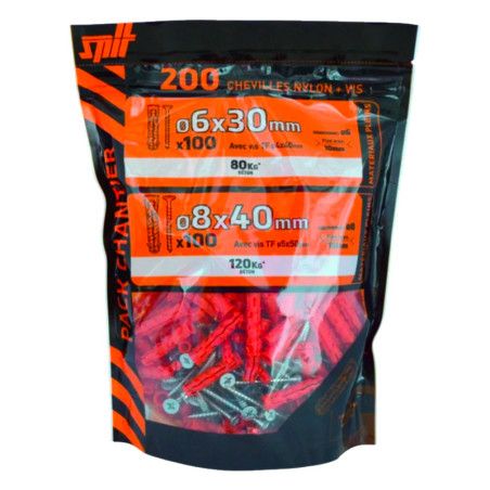 200 chevilles nylon Ø 6x 30mm + TF Ø4 + Ø8 x 40mm +TF Ø5 Spit