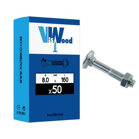 Boite 50 boulons TRCC 8 x 160mm tête ronde large acier zingué blanc - Viswood