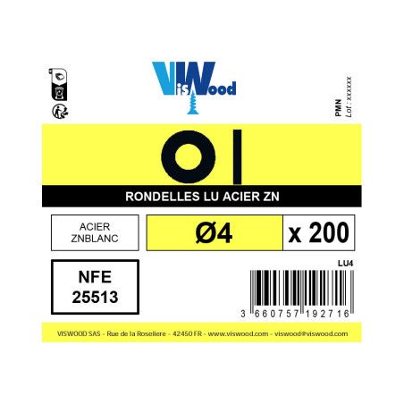 Boite 200 rondelles Ø 4mm type L zingué - Viswood Boite 200 rondelles Ø 4mm type L zingué - Viswood